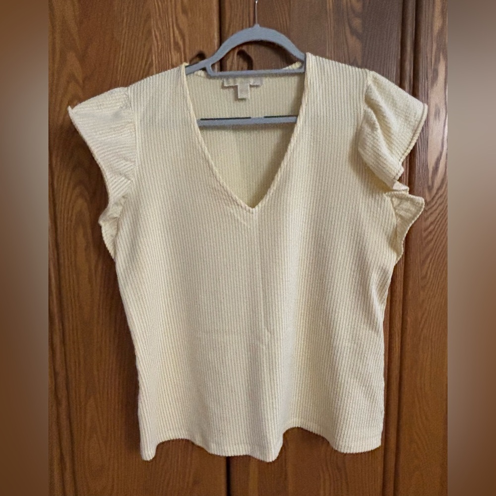 Michael Kors Yellow and White Stripe V-Neck Ruffle Sleeve Top